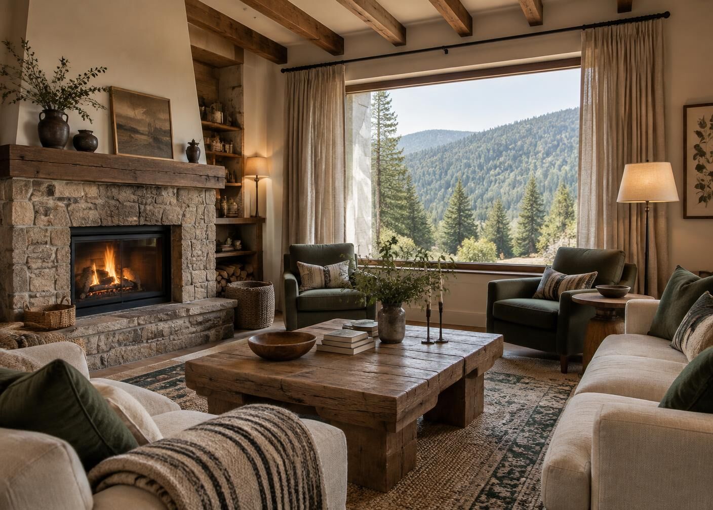 Calm hotel lounge with timber furniture, linen seating and tall windows looking onto trees